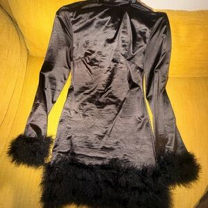 Chic Black Satin Dress with Feather Accents